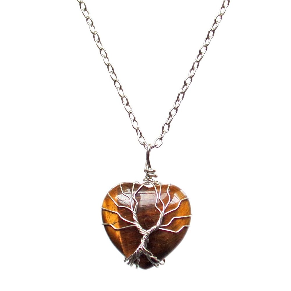 Tree of life heart pendant necklace with brown tiger eye heart stone
